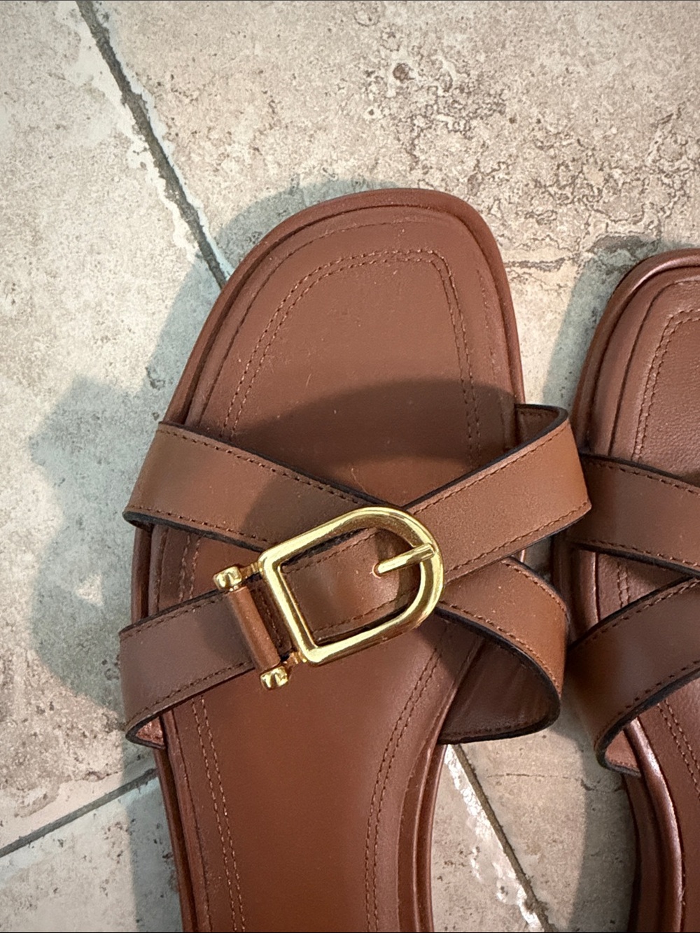 Zara Tan Leather Slide Sandals with Gold Buckles - Picture 3 of 7